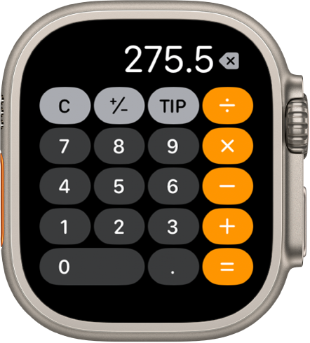 Apple Watch kuvab rakendust Calculator. Ekraanil kuvatakse tüüpilist numbriklahvistikku, mille vasakul küljel on matemaatilised funktsioonid. Ülaosas on nupud C, pluss või miinus ning jootrahanupp.