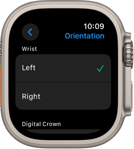 Kuva Orientation Apple Watchis. Saate määrata oma randme ja Digital Crowni eelistused.