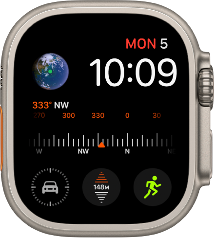 Kellakuva Modular, milles kuvatakse kuupäeva ja kellaajaga üleval paremal ning kuute komplikatsiooni. Üleval vasakul on Earth, keskel Compass ning allosas Parked Car, Elevation ja Workout.