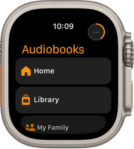 Rakenduses Audiobooks kuvatakse nuppe Home, Library ja My Family.