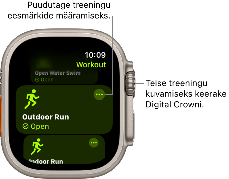 Kuva Workout koos esiletõstetud treeninguga Outdoor Run. Treeningupaanil paremal üleval kuvatakse nuppu More.