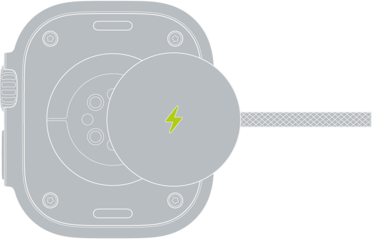 Apple Watch Magnetic Fast Charger to USB-C Cable-kaabli nõgus ots kinnitub magnetiga Apple Watchi tagaküljele.