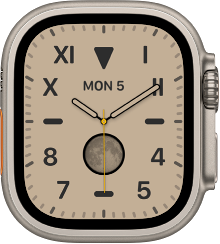 California kellakuva nii Rooma kui ka araabia numbritega. Sellel kuvatakse kuupäeva ja komplikatsiooni Moon Phase.