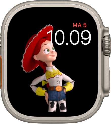 Toy Story -kellotaulussa näkyy päivä, päivämäärä ja aika yläoikealla ja animoitu Jessie näytön vasemmassa reunassa.