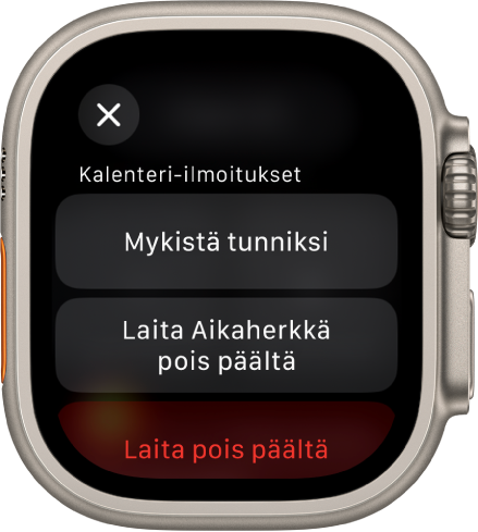 Ilmoitukset-asetukset Apple Watchissa Yläpainikkeessa lukee ”Mykistä tunniksi”. Alla ovat painikkeet Laita Aikaherkkä pois päältä ja Laita pois päältä.