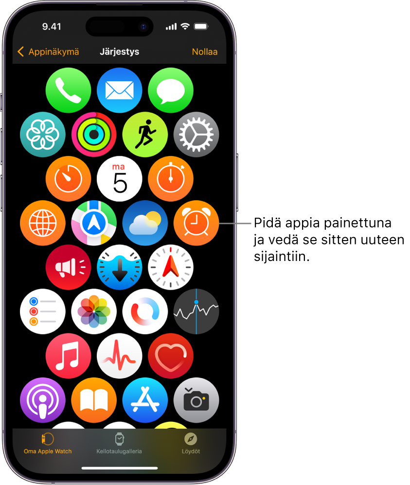 Apple Watch -apissa oleva Järjestys-näyttö, jossa näkyvät kuvakkeet ruudukossa.