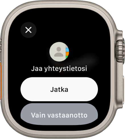 NameDrop-näytöllä näkyy kaksi painiketta: Jaa, jonka avulla voit ottaa yhteystiedon vastaan ja jakaa omasi, ja Vain vastaanotto, jolla voit ottaa vain toisen henkilön yhteystiedot vastaan.