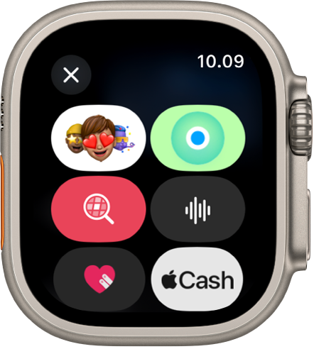 Viestit-apissa näkyvät viestivalinnat, joihin sisältyvät Memoji-, Sijainti-, GIF-, Ääni-, Digital Touch- ja Apple Cash ‑painikkeet.