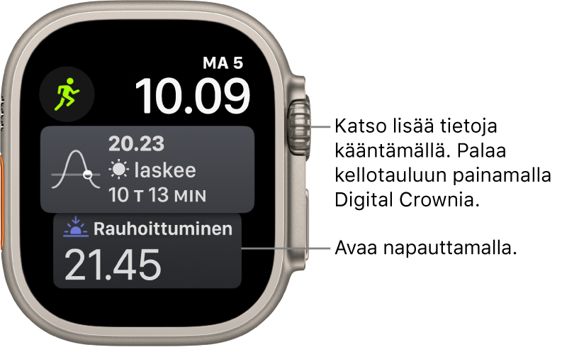 Siri-kellotaulu, jossa on päiväys ja aika yläoikealla. Kuun vaihe -komplikaatio on ylhäällä vasemmalla. Sen alla on Auringonnousu-/lasku-komplikaatio. Uni-komplikaatio on alareunassa.