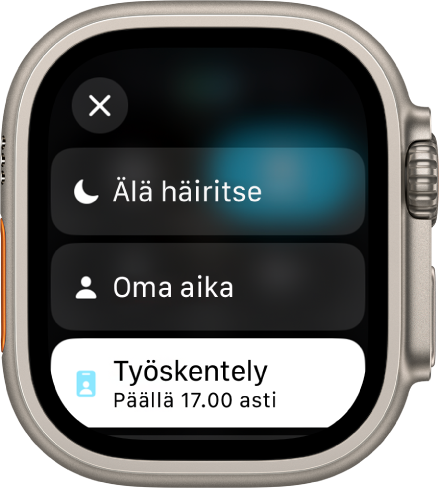Keskity-tilojen luettelossa on Älä häiritse, Oma aika ja Työskentely. Työskentely-tila on aktiivisena.