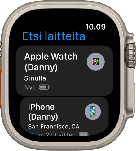 Etsi laitteita -apissa näkyy kaksi laitetta: Apple Watch ja iPhone.