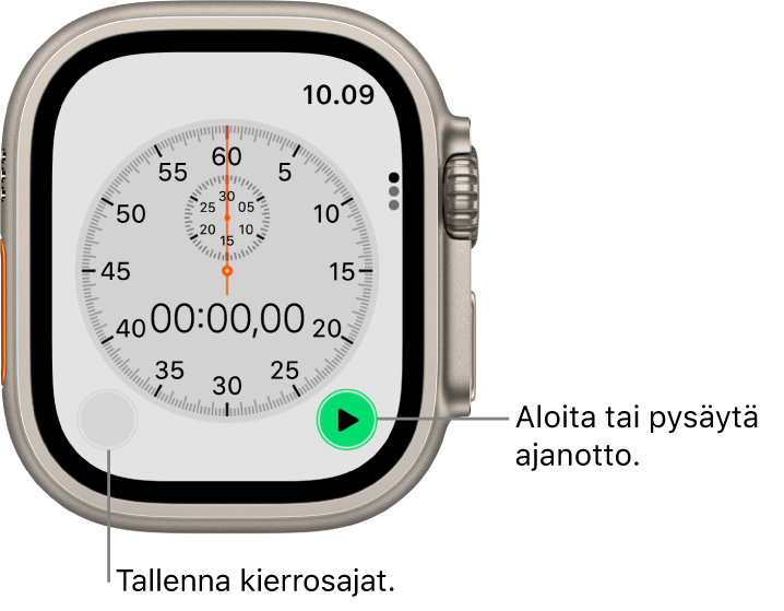 Analoginen ajanottonäyttö. Aloita tai pysäytä se napauttamalla oikeanpuoleista painiketta ja kirjaa kierrosaikoja napauttamalla vasemmanpuoleista painiketta.