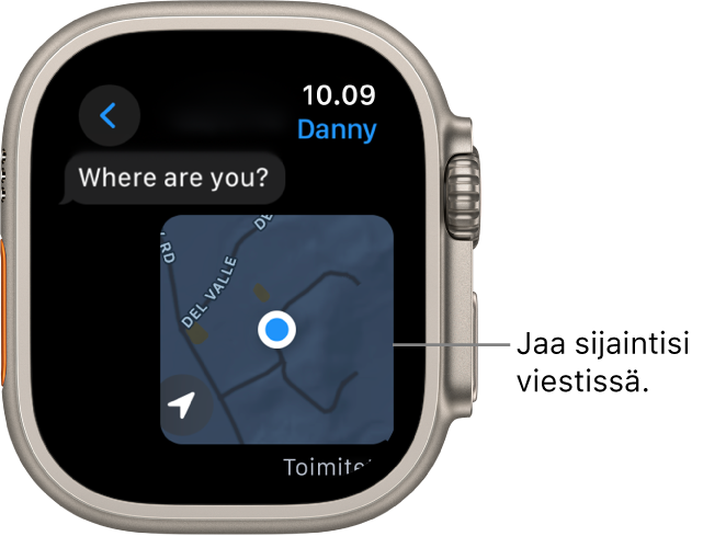 Viestit-apissa näkyy kartta, johon on merkity henkilön sijainti.