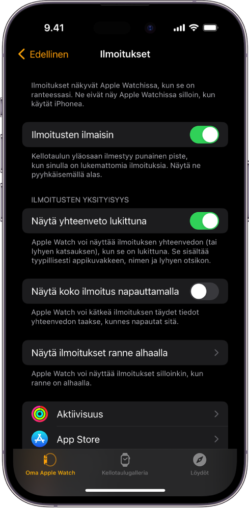 iPhonen Apple Watch -apin Ilmoitukset-näyttö , jossa näkyy ilmoitusten lähteet.