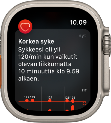 Korkea syke ‑näyttö, jossa näkyy ilmoitus, että sykkeesi nousi kymmenen minuutin ajaksi yli arvon 120/min aikana, jolloin et näyttänyt olevan aktiivinen.