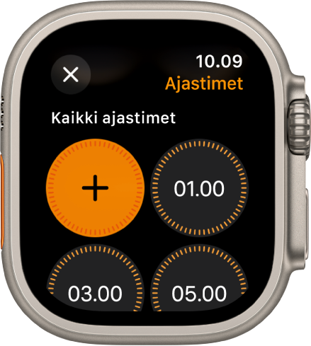 Ajastin-apin näyttö, jolla näkyy Lisää-painike uuden ajastimen luomista varten sekä nopeasti käytettävissä olevia 1, 3 ja 5 minuutin ajastimia.