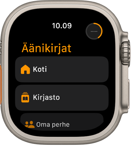 Äänikirjat-apissa näkyvät Koti-, Kirjasto- ja Oma perhe ‑painikkeet.