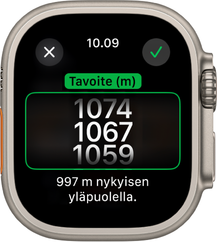 Kompassi-apissa näkyy Tavoitakorkeus-näyttö. Korkeuserojen selausluettelo näkyy näytön keskellä. Korkeuserojen selausluettelo näkyy näytön keskellä. Luettelon alla kerrotaan, kuinka paljon nykyisen korkeuden ala- tai yläpuolella valittu korkeus on. Ylimpänä ovat Sulje- ja Tarkista-painikkeet.