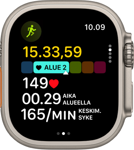 Käynnissä olevassa juoksutreenissä näkyy treeniin kulunut aika, nykyinen alue, syke, aika alueella ja keskisyke.