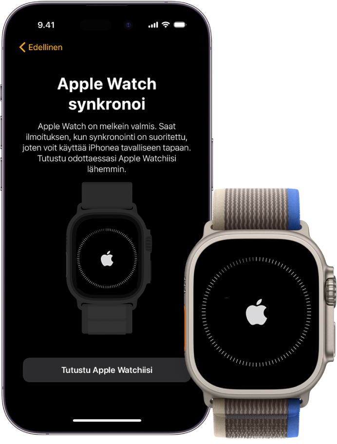 iPhone ja Apple Watch Ultra, joissa näkyy synkronointinäyttö.