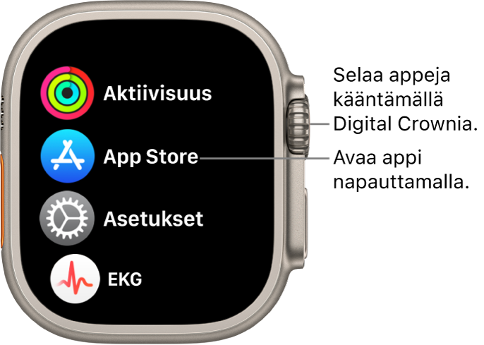 Koti-valikko luettelonäkymässä Apple Watchissa, apit luettelona. Avaa appi napauttamalla. Katso lisää appeja vierittämällä.