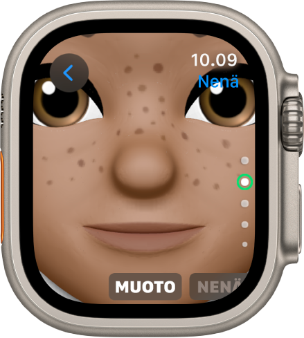 Apple Watchin Memoji-appi, jossa näkyy nenän muokkausnäyttö. Lähikuva kasvoista on keskittynyt nenään. Alhaalla näkyy sana Muoto.