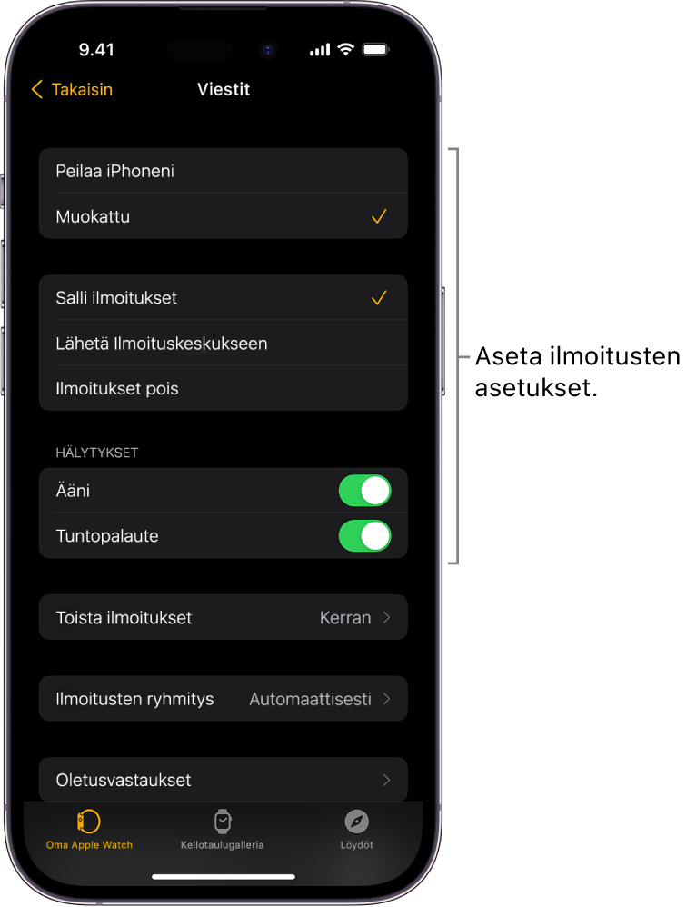 Viestit-näyttö iPhonen Apple Watch ‑apissa. Voit valita, näytetäänkö ilmoitukset, laitetaanko ääni päälle, laitetaanko tuntopalaute päälle ja toistetaanko ilmoitukset uudelleen.