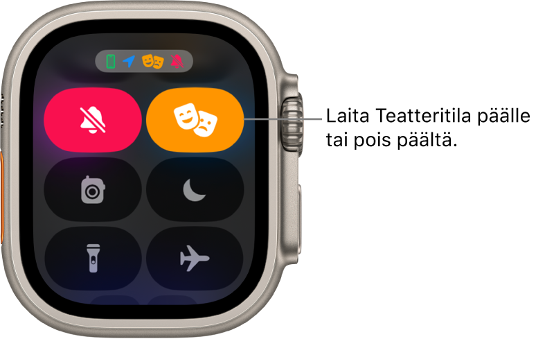 Ohjauskeskus, jossa on korostettuna Teatteritila- ja Hiljainen tila -painikkeet, jotka osoittavat, että teatteritila on päällä.