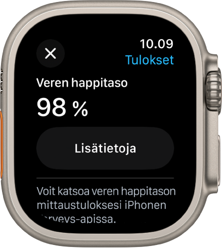Veren happitason tulosnäyttö, jossa näkyy veren happisaturaatio 98 prosenttia. Alla on Lisätietoja-painike.