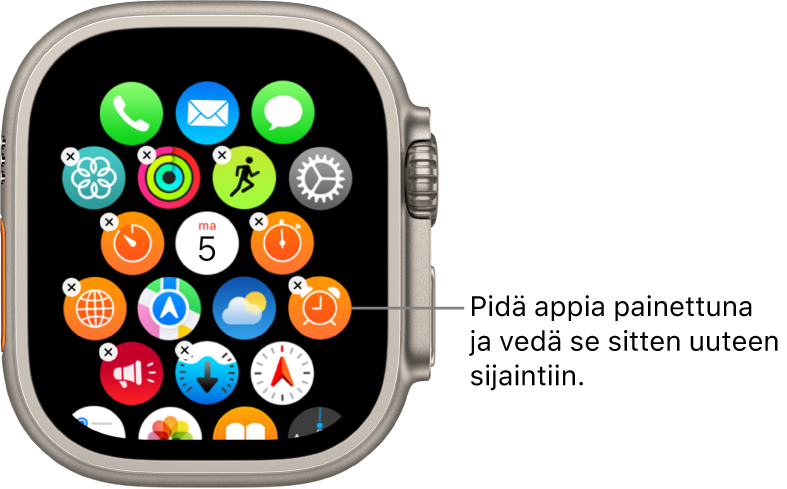Apple Watchin Koti-valikko ruudukkonäkymässä.