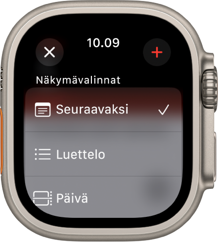 Kalenteri-näytössä näytetään ylhäällä Uusi tapahtuma -painike ja alhaalla kolme näkymävalintaa: Seuraavaksi, Luettelo ja Päivä. Lisää-painike on ylhäällä oikealla.