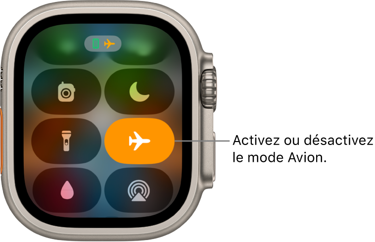 Le centre de contrôle avec le bouton du mode Avion en évidence qui indique que le mode correspondant est activé.