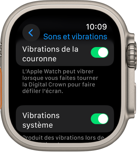 L’écran Vibrations de la couronne qui affiche le commutateur Vibrations de la couronne activé. Le bouton Vibrations système se trouve ci-dessous.