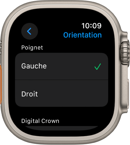 L’écran Orientation sur l’Apple Watch. Vous pouvez définir vos préférences relatives au poignet et à la Digital Crown.