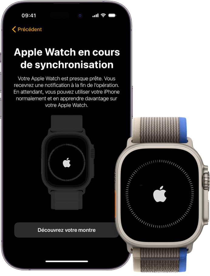 Un iPhone et une Apple Watch Ultra qui affichent leur écran de synchronisation.