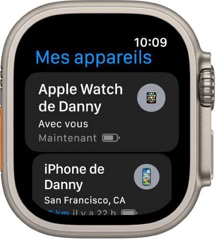 L’app Mes Appareils qui affiche deux appareils : une Apple Watch et un iPhone.