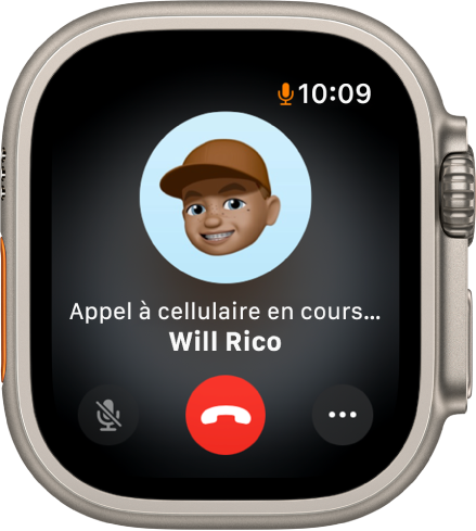 L’app Téléphone qui affiche un appel en cours de connexion. La photo d’un contact se trouve au centre, au-dessus des mots « Appel à cellulaire en cours » et du nom de la personne. En bas, il y a les boutons Couper le son, Raccrocher et Plus d’options.