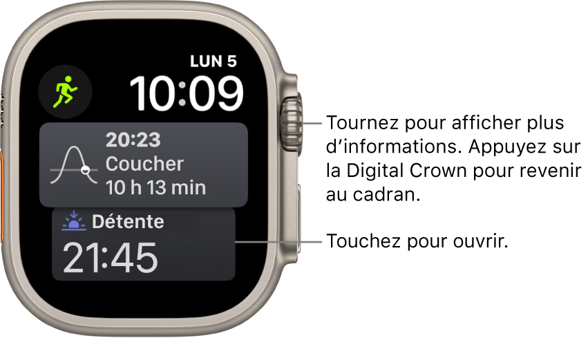 Le cadran Siri qui affiche la date et l’heure en haut à droite. Une complication Phase de lune se trouve en haut à gauche, au-dessus de la complication Lever/coucher. En bas, on retrouve la complication Sommeil.