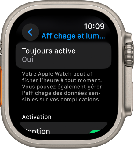 L’écran « Affichage et luminosité » qui affiche le bouton Toujours activé.