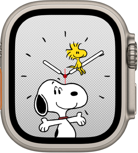 Le cadran Snoopy qui affiche Snoopy et Woodstock. Snoopy sourit et ouvre les bras. Perché sur l’aiguille des minutes, Woodstock a l’air content.