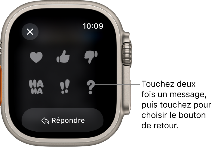 Une conversation Messages avec des options de Tapback : cœur, pouce vers le haut, pouce vers le bas, haha, !! et ?. Un bouton Répondre se trouve en dessous.