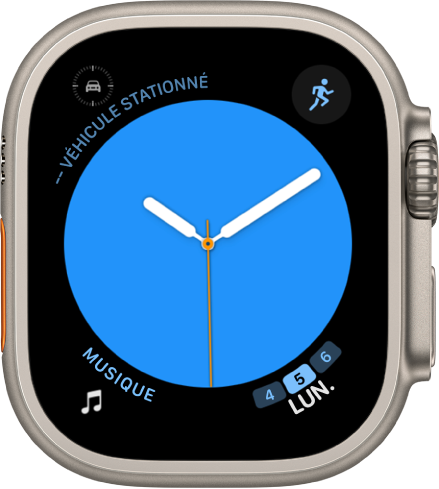 Cadran Couleur qui vous permet de modifier la couleur du cadran. Il comporte quatre complications : Le point de cheminement véhicule stationné en haut à gauche, Exercice en haut à droite, Musique en bas à gauche et Calendrier en bas à droite.