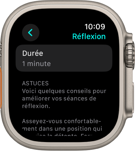 L’écran de l’app Pleine conscience affichant une durée d’une minute. Des conseils s’affichent en dessous pour alimenter la session de réflexion.