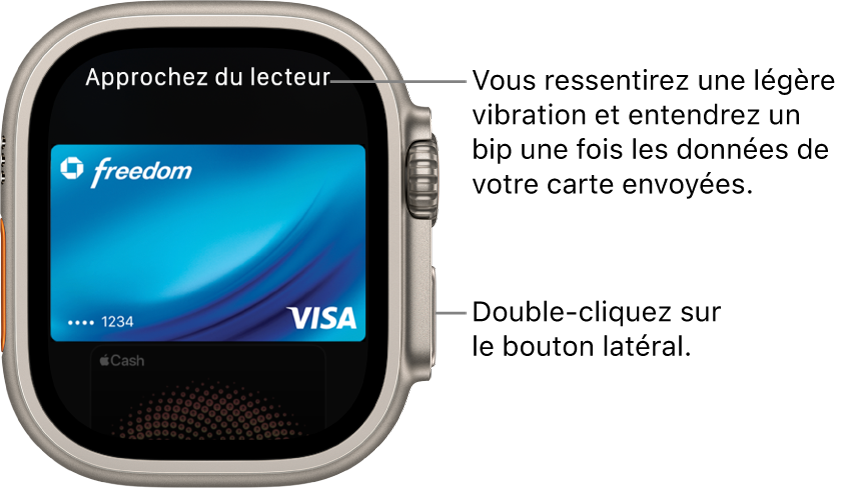 L’écran d’Apple Pay qui affiche « Approchez du lecteur » dans le haut. Une légère vibration et un bip confirment l’envoi de vos données de paiement.