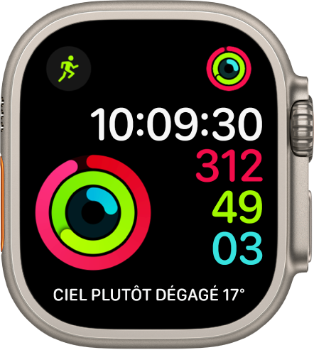 Le cadran Activité numérique qui affiche l’heure ainsi que la progression des objectifs « Bouger », « M’entraîner » et « Me lever ». Il comprend également trois complications : Exercice en haut à gauche, Activité en haut à droite et la complication Conditions météo en bas.