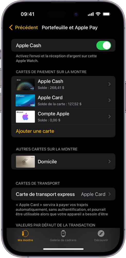 L’écran Portefeuille et Apple Pay dans l’app Watch sur l’iPhone. L’écran affiche des cartes ajoutées à l’Apple Watch et la carte que vous avez choisie pour le transport express.