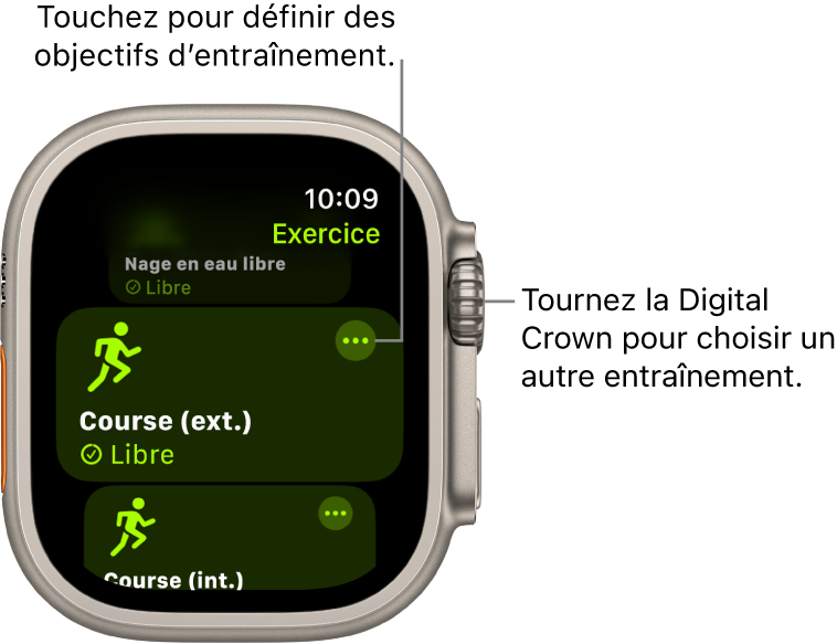 L’écran Exercice avec l’entraînement Course (ext.) mis en évidence. Un bouton Plus se trouve en haut à droite de la mosaïque d’entraînement.