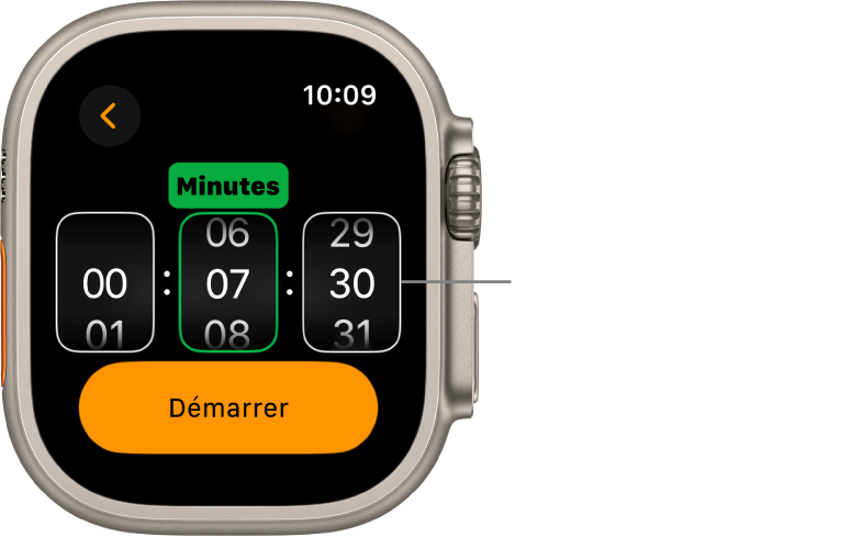 Réglages d’un minuteur personnalisé, avec les heures à gauche, les minutes au milieu et les secondes à droite. Le bouton Démarrer se trouve en dessous.