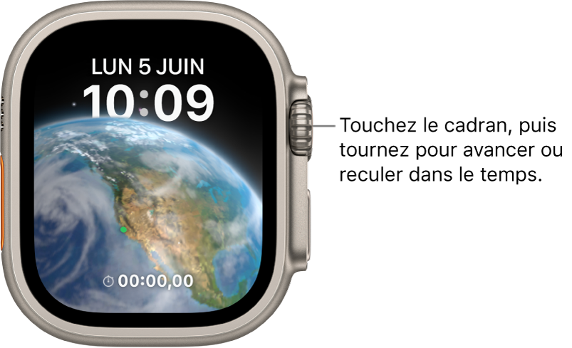 Cadran Astronomie, qui montre le jour, la date et l’heure. Une complication de minuteur se trouve en bas. Touchez le cadran, puis tournez la Digital Crown pour avancer ou reculer dans le temps.