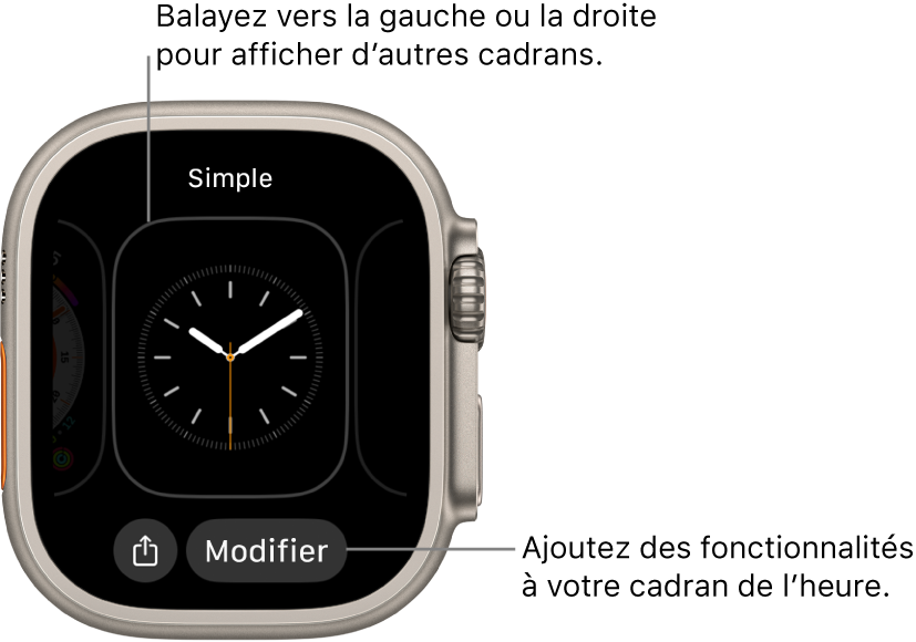 Lorsque vous touchez le cadran de façon prolongée, les boutons Partager et Modifier s’affichent à l’écran. Le nom du cadran se trouve en haut de l’écran. Balayez vers la gauche pour afficher d’autres options de cadrans. Touchez une complication pour ajouter les fonctionnalités de votre choix.